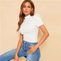 Lady White Mock-neck Puff Sleeve Solid Top Short Puff Sleeve Elegant T-shirt Ladies Tops